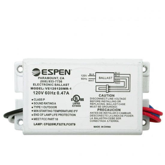 Espen VE126120MR | 1 Lamp 26 Watt CFL PL Electronic Ballast 120V Questions & Answers